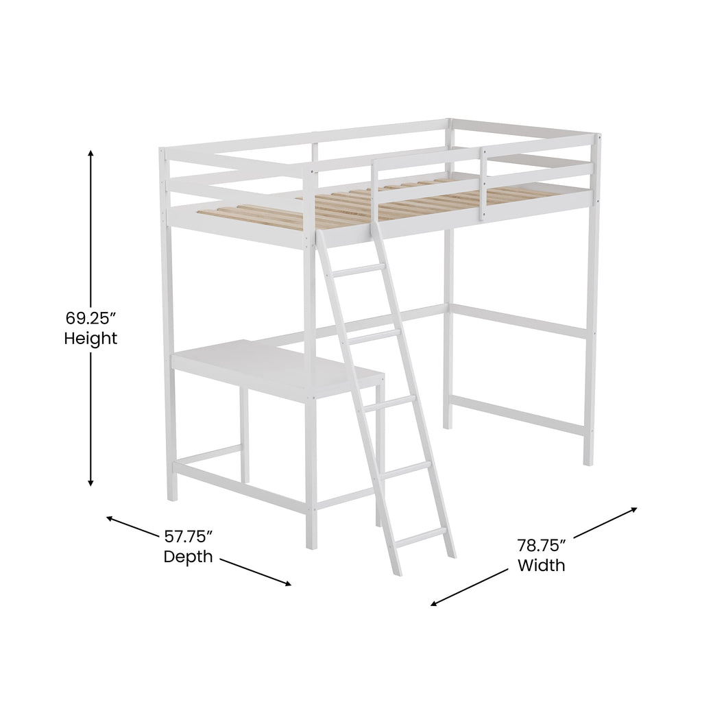 Flash Furniture Riley Loft Bed Frame with Desk - White Wood Slats - Twin Size - Protective Guard Rails & Ladder - Kids and Teens - Space Saving Design