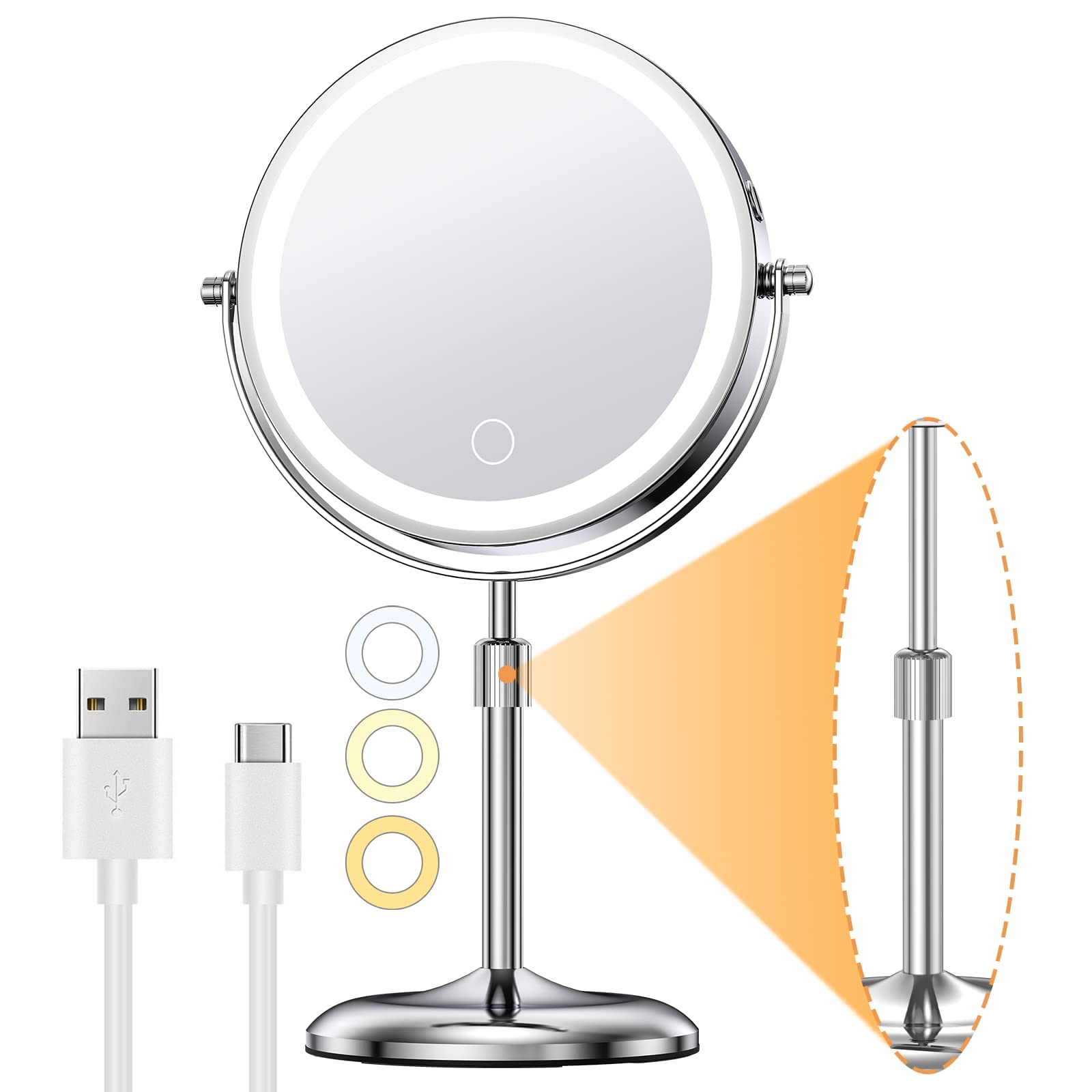 Gospire Lighted Makeup Mirror with Magnification 10X, Height Adjustable & 3 Color Dimmable Lights 7 Cosmetic Mirror, 360 Swivel 