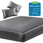 Siinvdabzx 3-Piece Set Satin Twin Fitted Sheet & 2 Pillowcase, Grey Silky Soft Fitted Bottom Sheet, Wrinkle Free, Fade Resistant