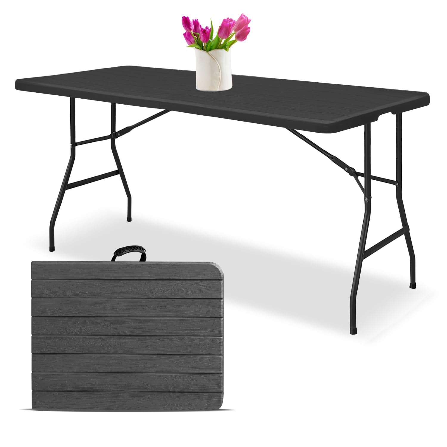 Econohome Woodgrain 6Ft Folding Table With Handle | Heavy-Duty Foldable Table | Portable Table For Indoor & Outdoor Use | Perfec