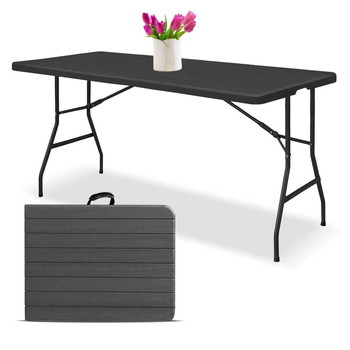 Econohome Woodgrain 6Ft Folding Table With Handle | Heavy-Duty Foldable Table | Portable Table For Indoor & Outdoor Use | Perfec
