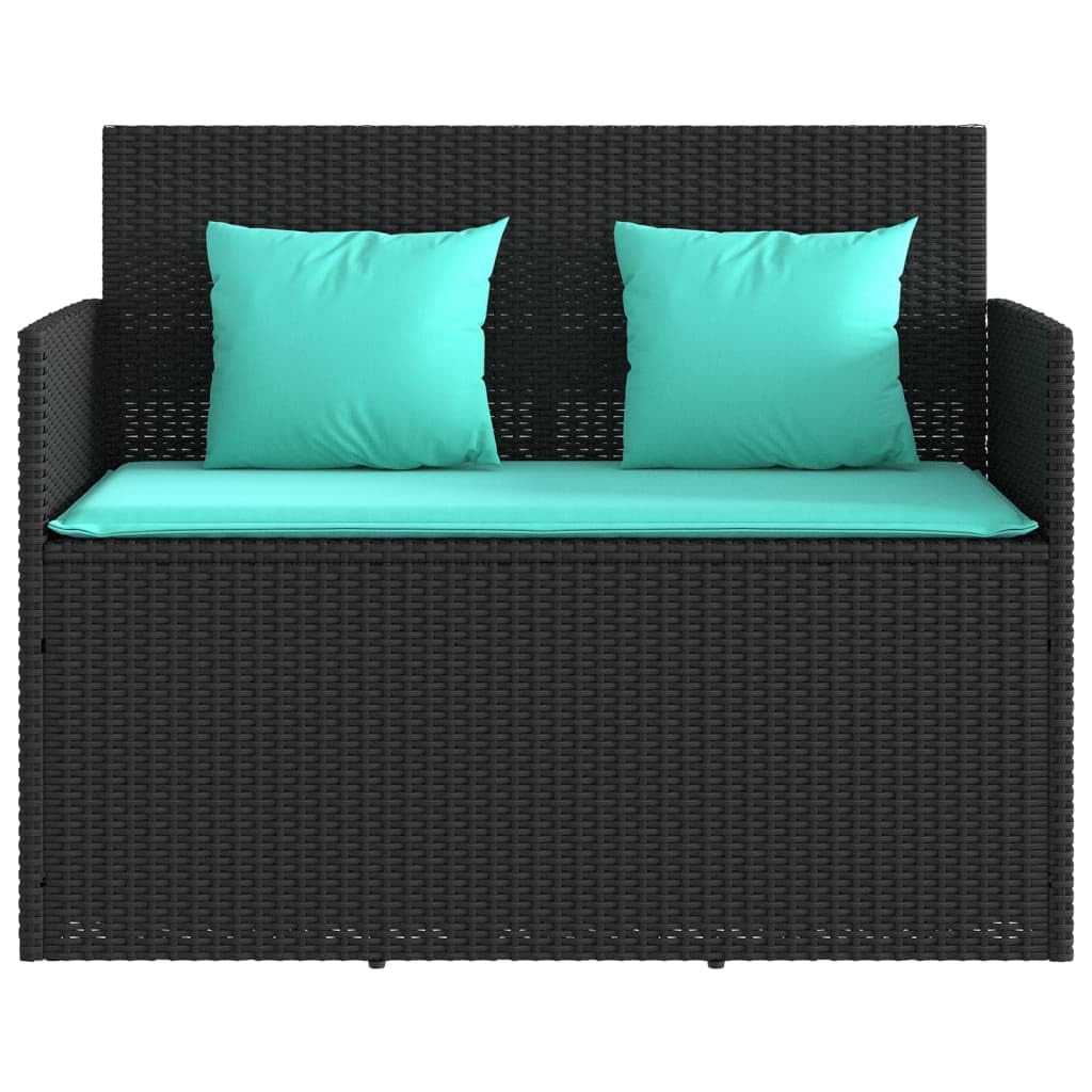 vidaXL Outdoor Loveseat Bench with Cushions - Black Poly Rattan Storage Seat - Patio Furniture with Water-Resistant Bag and Removable Covers - 47.2&quot; W