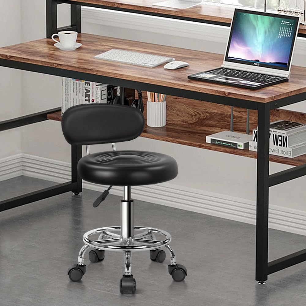 Kktoner Pu Leather Modern Rolling Stool With Low Back Height Adjustable Work Salon Drafting Swivel Task Chair With Footrest (Black)