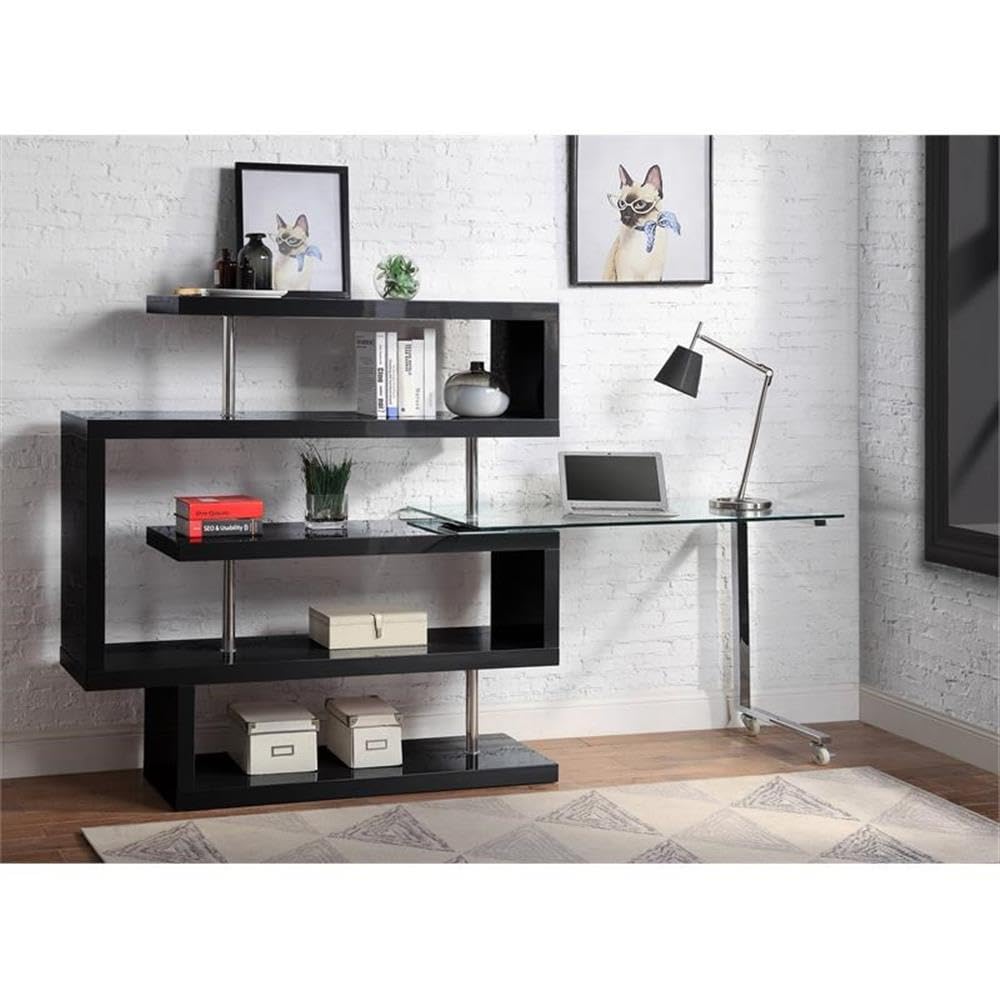 Acme Buck II Glass Top Writing Desk in Chrome and Black High Gloss