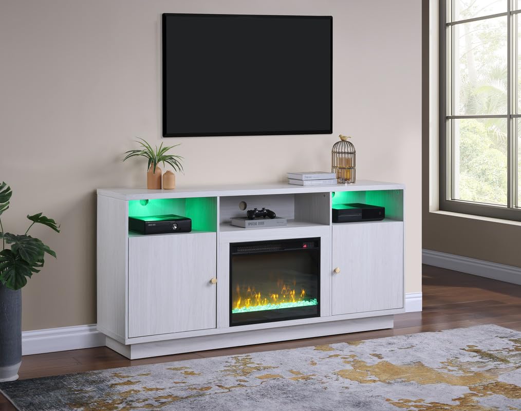 LILOLA LIVING Ambrose 70" W White Walnut Finish Fireplace Console TV Stand with LED Light, Cabinets, Shelves