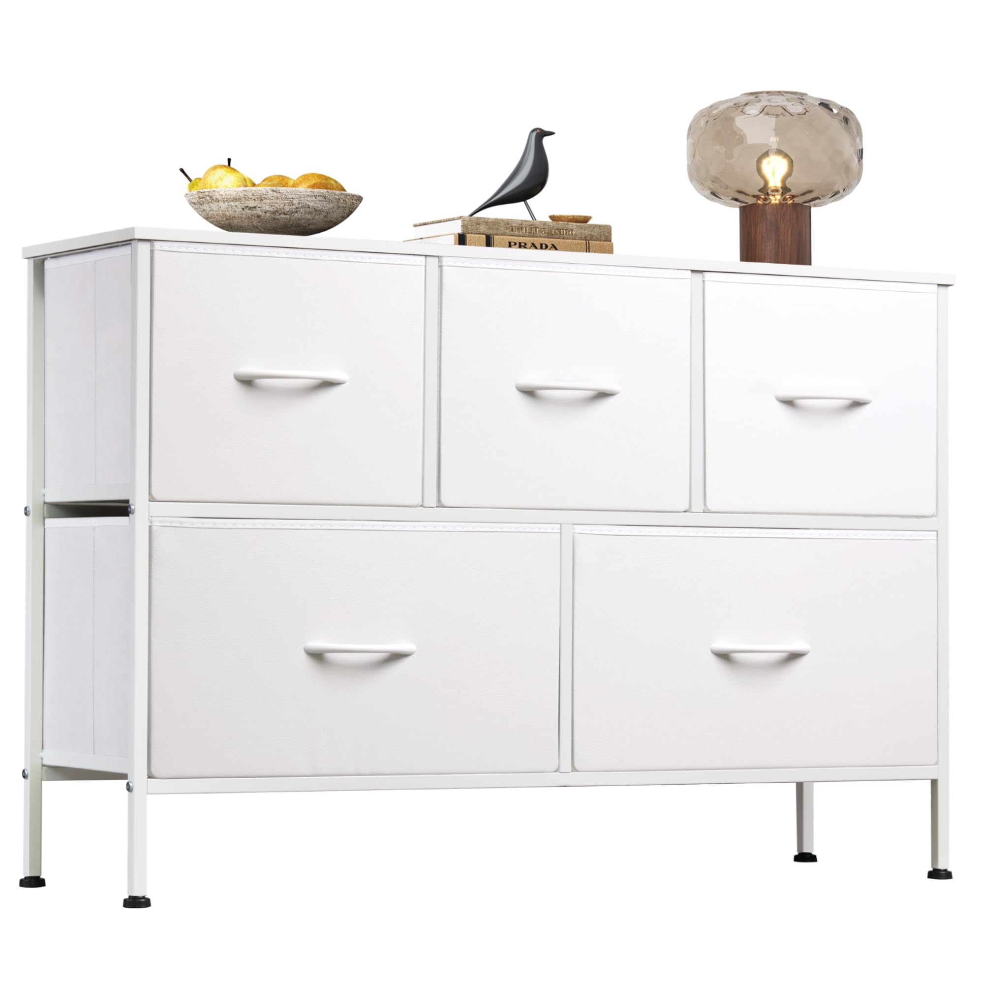 Wlive Dresser With 5 Drawers, Dressers For Bedroom, Fabric Storage Tower, Hallway, Entryway, Closets, Sturdy Steel Frame, Wood Top, Easy Pull Handle (White)