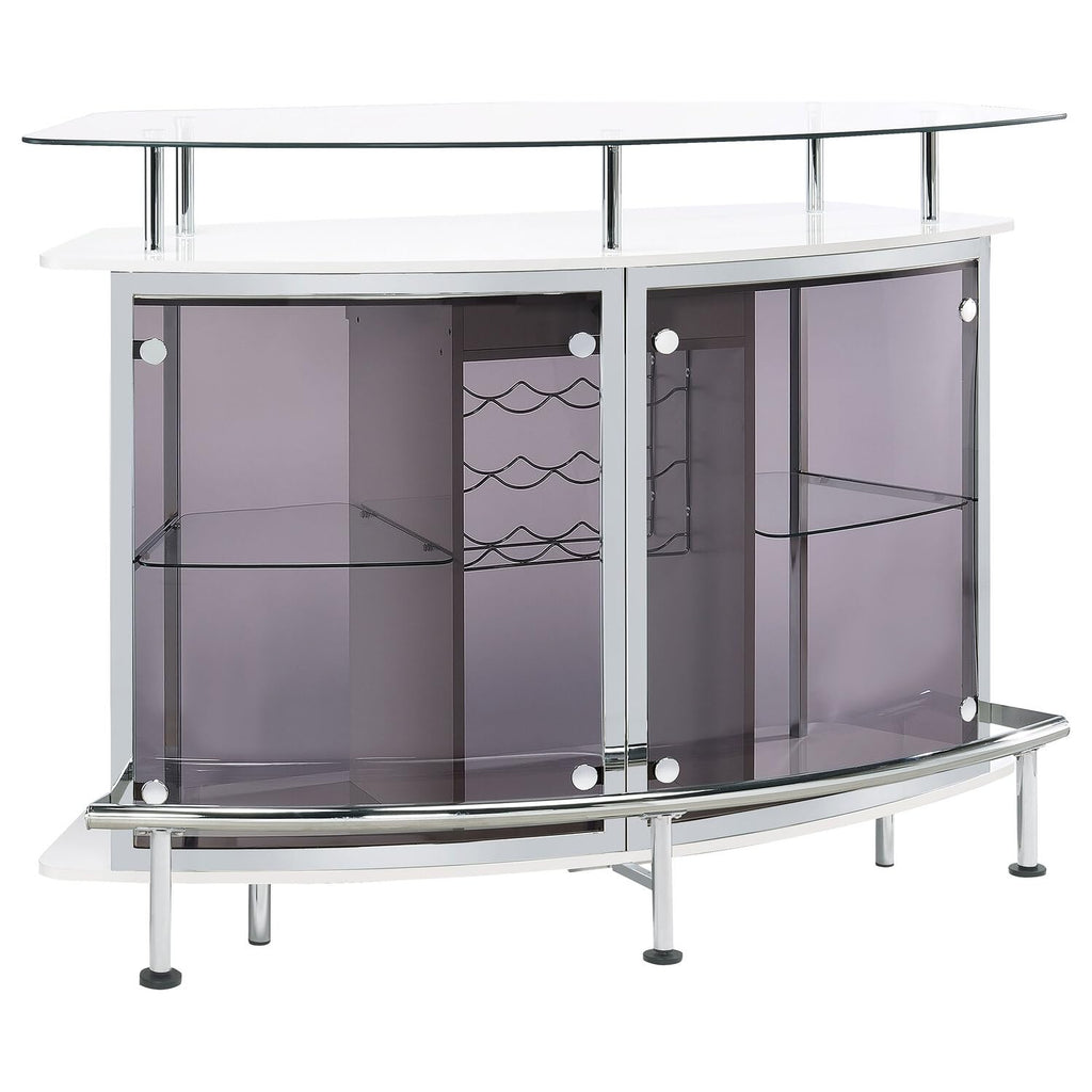 Coaster Modern Home Bar Table Wine Storage Cabinet, Tempered Glass Top & Shelves Smoked Acrylic Panels, White High Gloss & Chrome