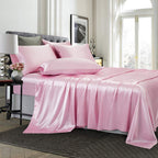 Treely 6 Piece Satin Sheets Full Size Silky Smooth Pink Satin Sheet Set With Deep Pocket, Satin Fitted Sheet, Flat Sheet, 4 Sati