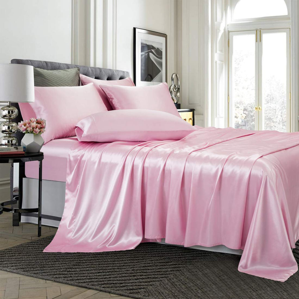 Treely Satin Sheet Set - King Size, 6 Pieces, Pink, Deep Pocket, Silky Soft, Breathable