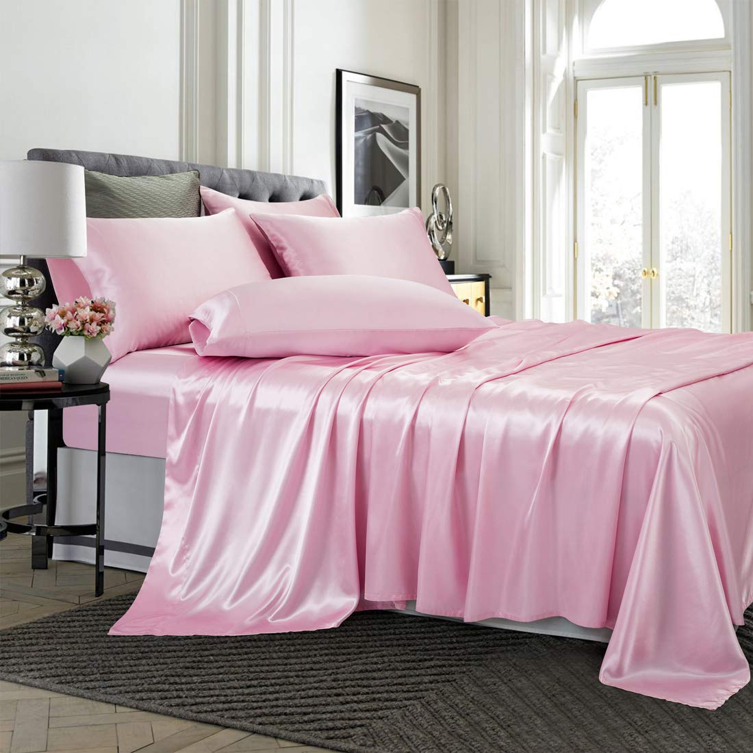 Treely Satin Sheet Set - King Size, 6 Pieces, Pink, Deep Pocket, Silky Soft, Breathable