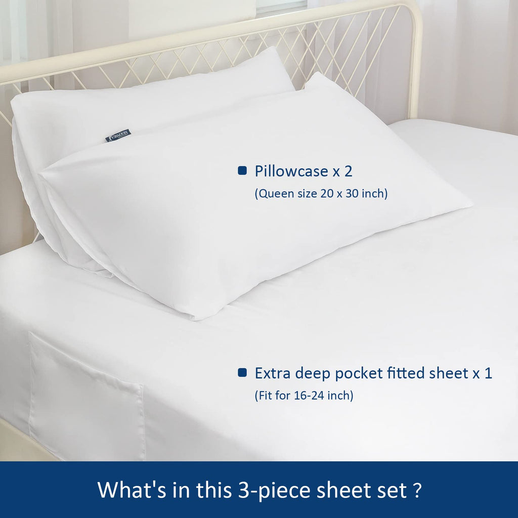 Extra Deep Pocket Air Mattress White Sheets Twin Size - 3Pcs Side Storage Pocket Fitted Sheet & Pillowcase Twin Deep Pocket Sheet Sets Easily Fits For Kids 16In To 24In Pillow Top Air Bed