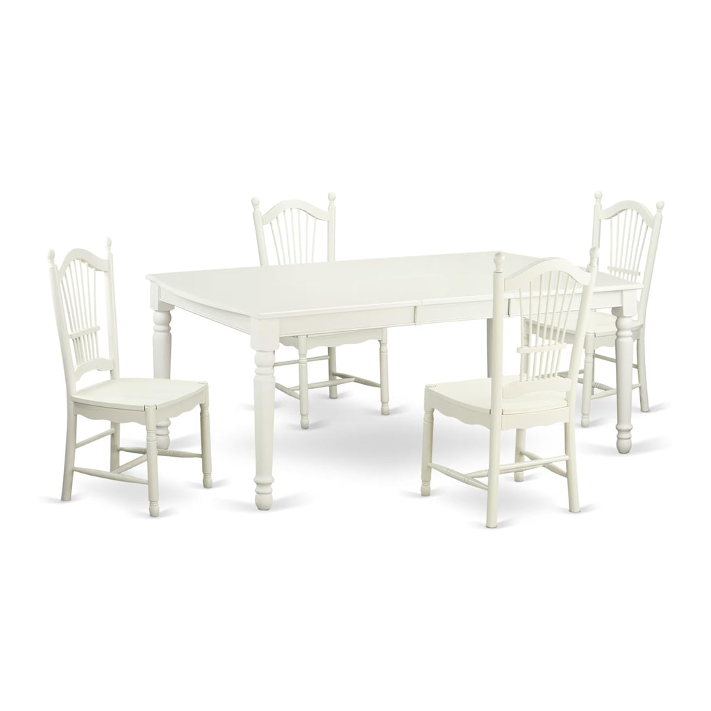 East West Furniture DOVE5-LWH-W 5 Piece Dining Set Includes a Rectangle Dining Room Table with Butterfly Leaf and 4 Wood Seat Chairs, 42x78 Inch, Linen White