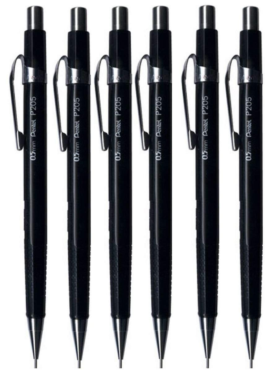 Pentel 0.5Mm (P205) Black P200 Series Automatic Mechanical Drafting Pencil Refillable Lead Eraser P205-A (Pack Of 6)