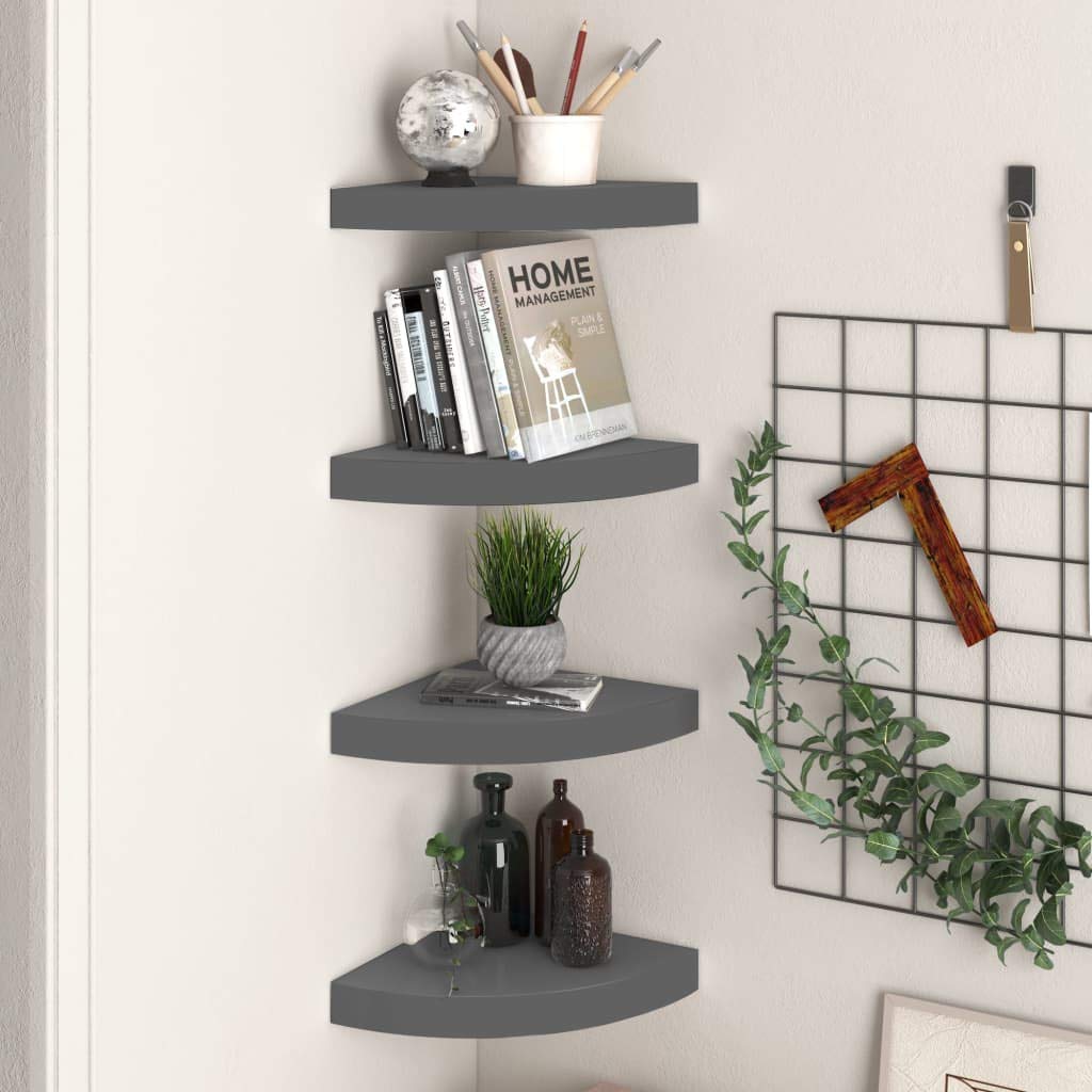 vidaXL Floating Corner Shelves 4 pcs High Gloss Gray 9.8&quot;x9.8&quot;x1.5&quot; MDF