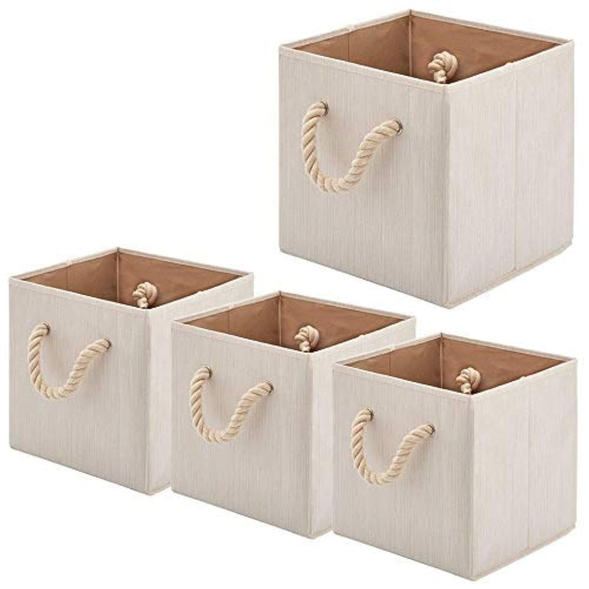 BeigeSwan Foldable Bamboo Fabric Storage Bins [set of 4] with Cotton Rope Handles, Collapsible Organizer Boxes Basket  10.5 x 1
