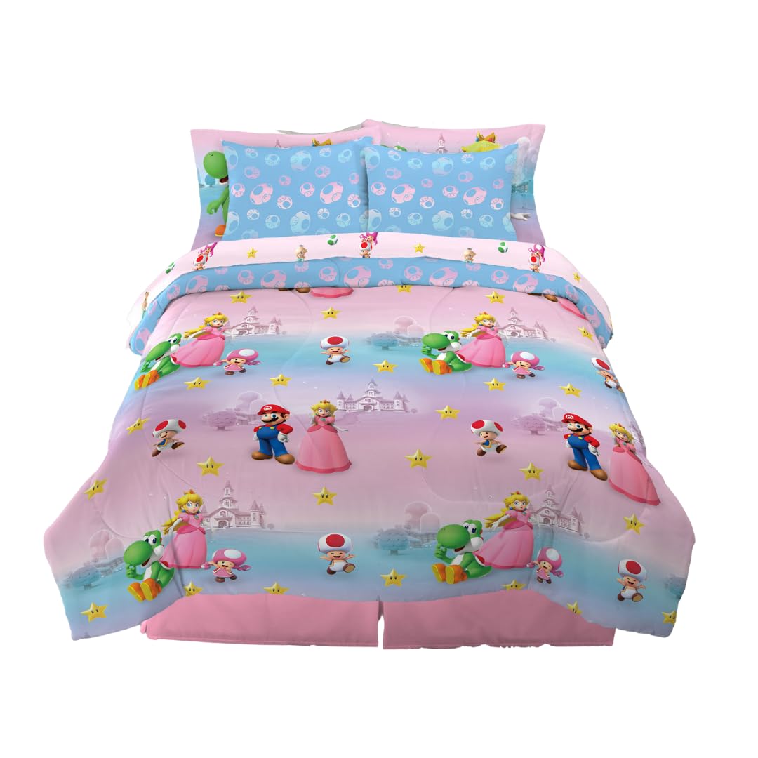 Franco Super Mario Girl Princess Peach Girl Gamer Kids Bedding Super Soft Comforter And Sheet Set With Sham, 7 Piece Full Size,