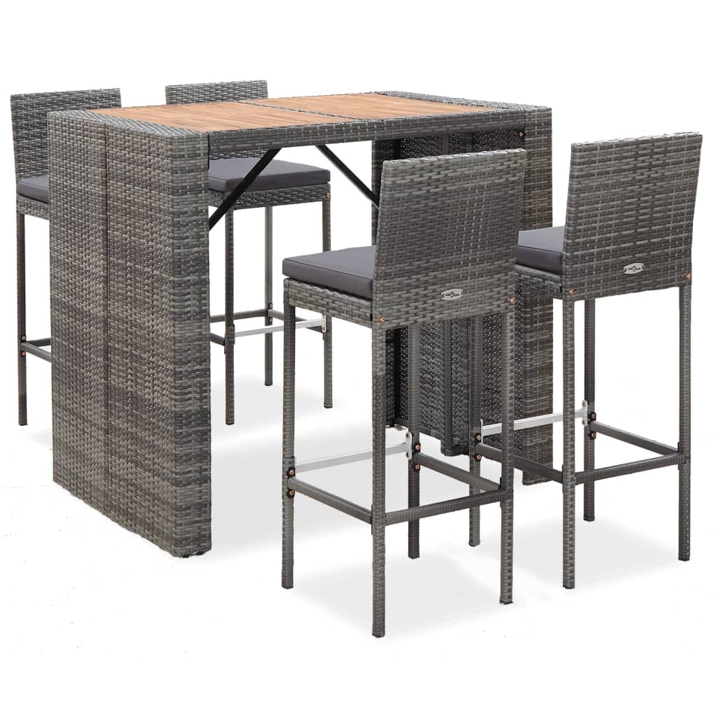 vidaXL Patio Bar Set 5 Piece, Outdoor Bar Table Set with Wood Tabletop, Patio Furniture Set with Cushions, Dining Set for Garden, Rattan and Wood Gray