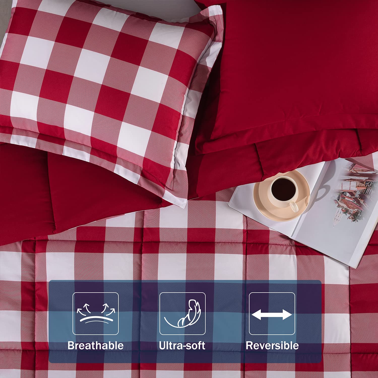 Downluxe Lightweight Plaid Comforter Set (King) With 2 Pillow Shams - 3-Piece Set - Red/White Plaid - Down Alternative Reversibl
