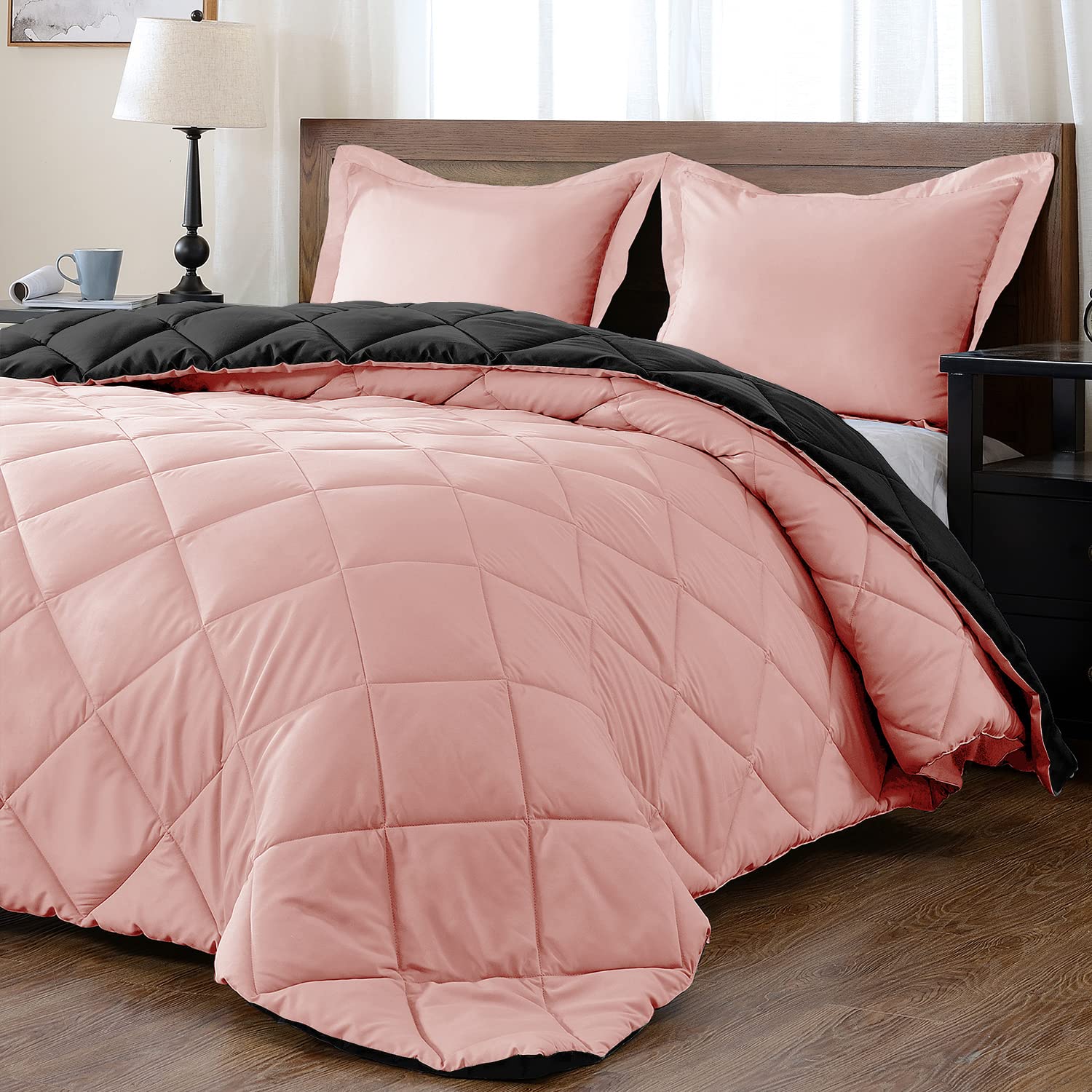 Downluxe Queen Comforter Set - Pink And Black Queen Comforter, Soft Bedding Sets For All Seasons -3 Pieces - 1 Comforter (88'X9