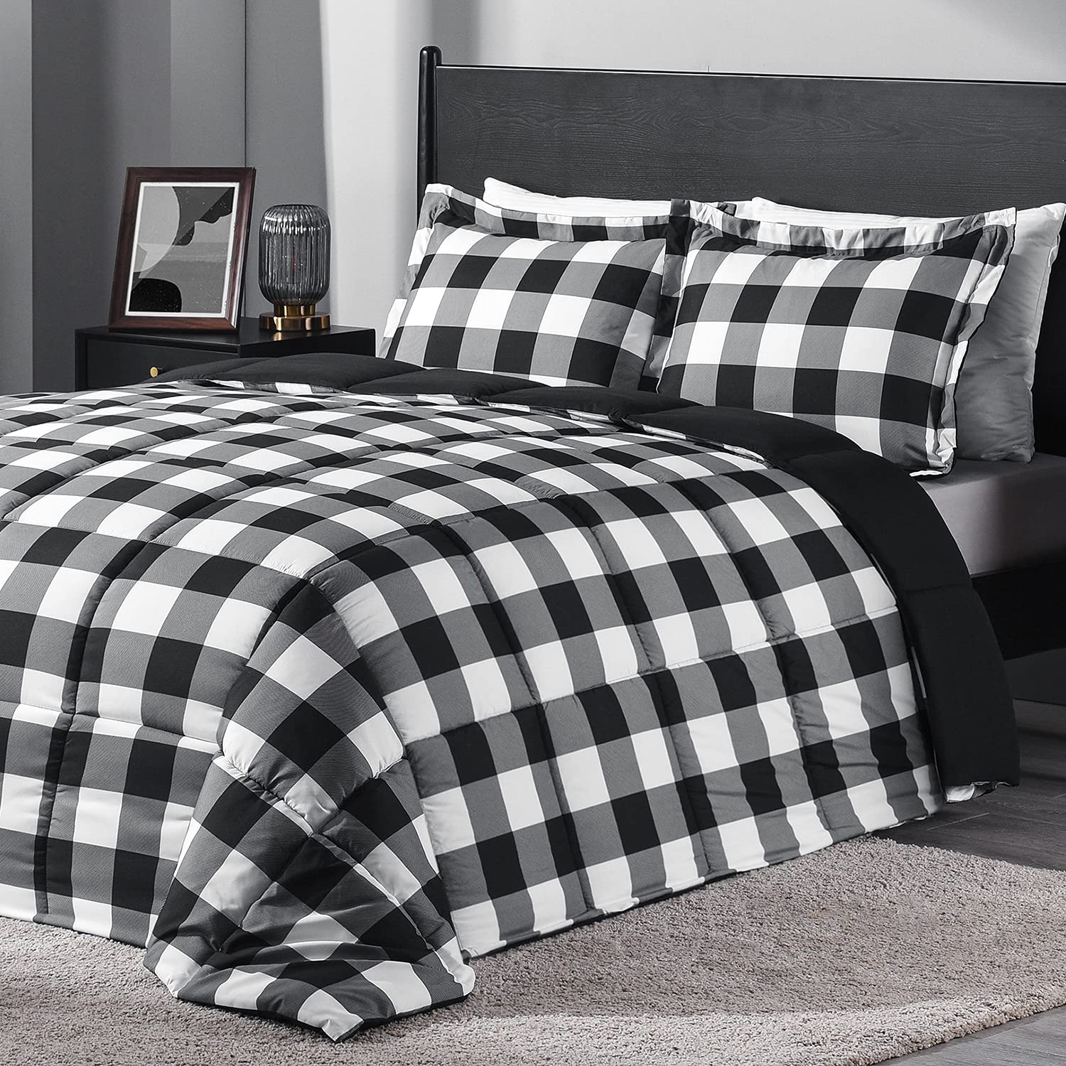 Downluxe Lightweight Plaid Comforter Set (Queen) With 2 Pillow Shams - 3-Piece Set - Black/White Plaid - Down Alternative Revers