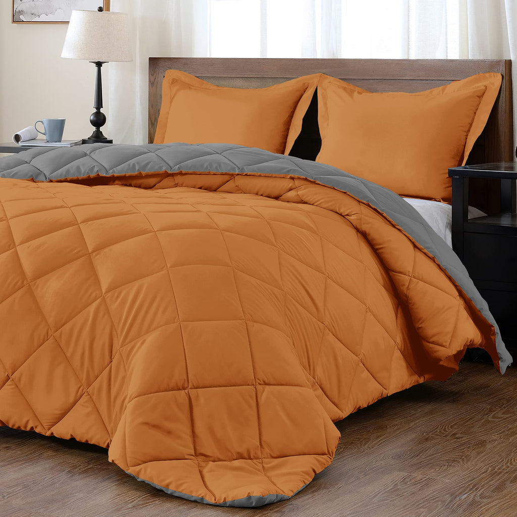 Downluxe King Size Comforter Set - Burnt Orange And Grey King Comforter, Soft Bedding Sets For All Seasons -3 Pieces - 1 Comfort