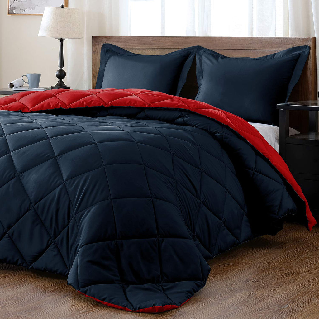 Downluxe Queen Comforter Set - Red And Navy Queen Comforter, Soft Bedding Sets For All Seasons -3 Pieces - 1 Comforter (88'X92'
