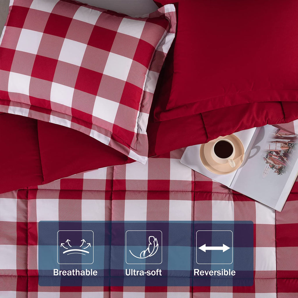 Downluxe Lightweight Plaid Comforter Set (Twin) With 1 Pillow Sham - 2-Piece Set - Red/White Plaid - Down Alternative Reversible