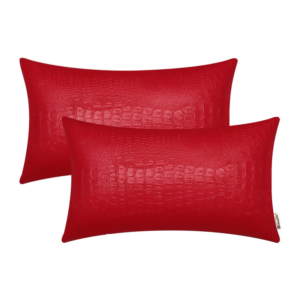 BRAWARM Faux Leather Pillow Covers 12 X 20 Inches, Christmas Red Leather Pillow Covers Pack of 2, Crocodile Leather Decorative L