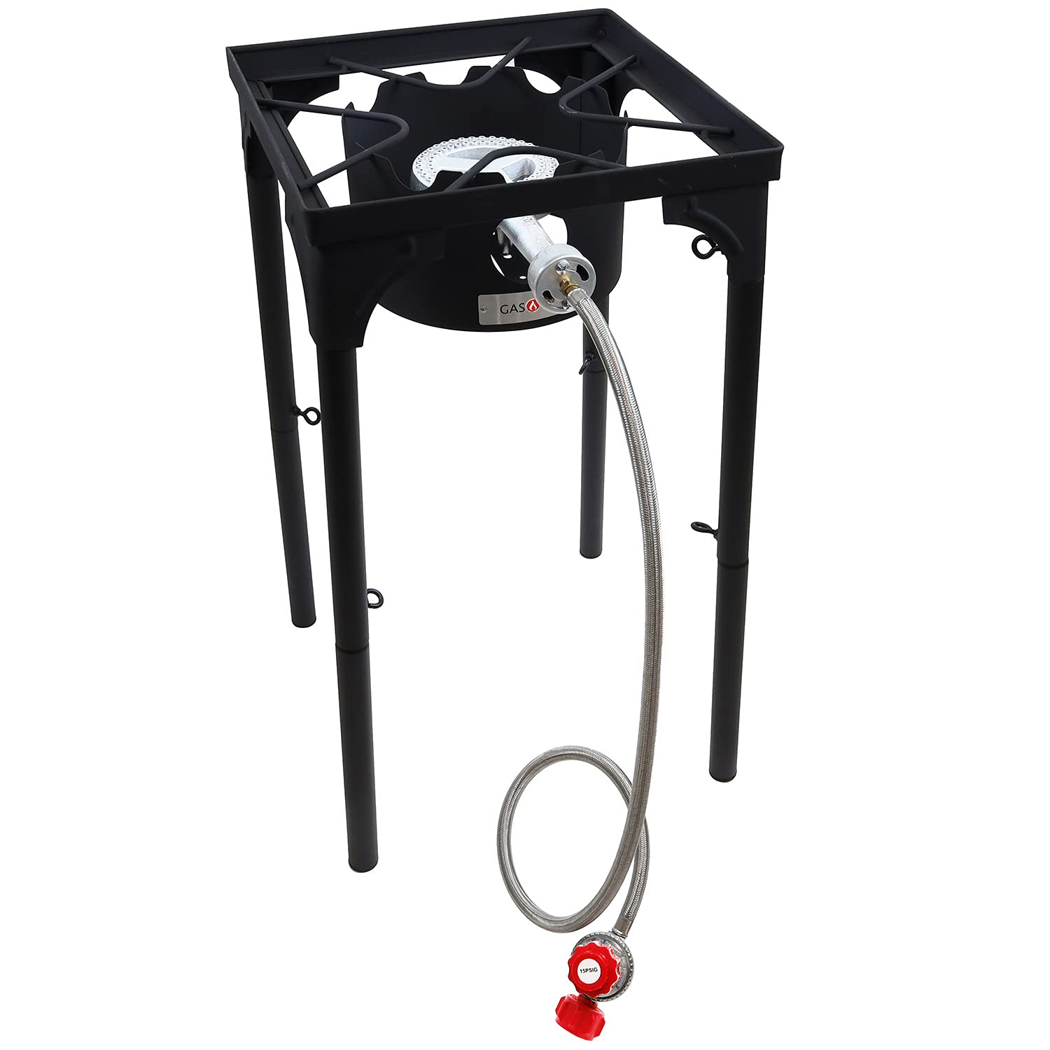 Gasone Propane Single Burner Camp Stove With High Temp Paint & Red Qcc Steel Braided Regulator With Height Adjustable Leg