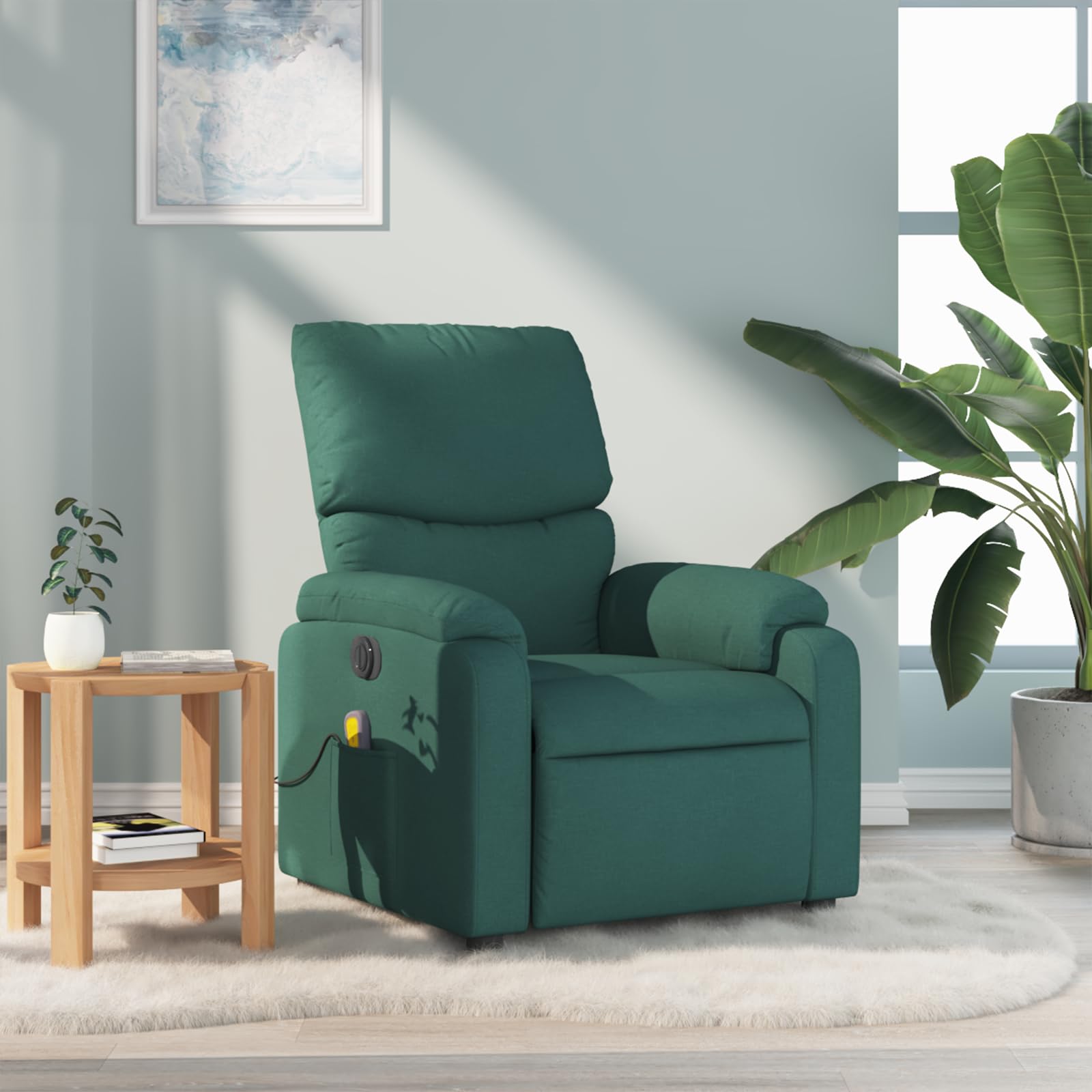 vidaXL Fabric Massage Recliner Chair for Living Room, Home Theater, 6-Point Vibration Massage, Adjustable Back & Footrest, Side Pocket, Dark Green