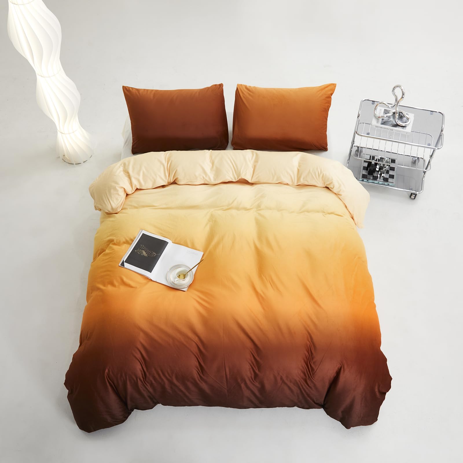 Clothknow Orange Yellow Velvet King Size Comforter Set 3Pcs Yellow Beige Gradient Bedding Comforter Sets Dark Yellow Velvet Comforter Soft Caramel King Comforter Set