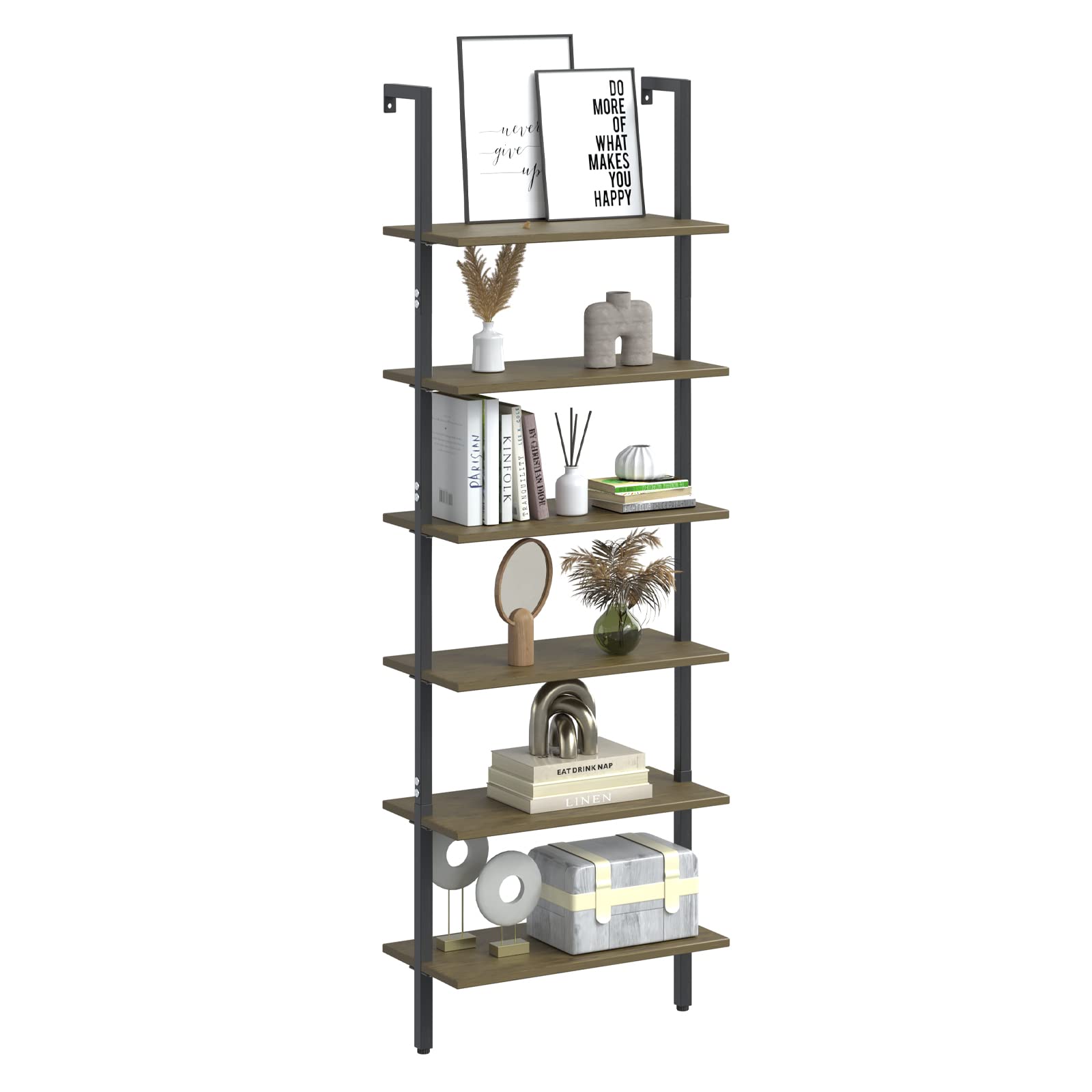 Wolawu Ladder Shelf Black 6 Tiers Modern Bookshelf Room Organizer Open Tall Wall Mount Bookcase Standing Leaning Wall Shelves Industrial Decorative Living Room Bed Room (Brown)