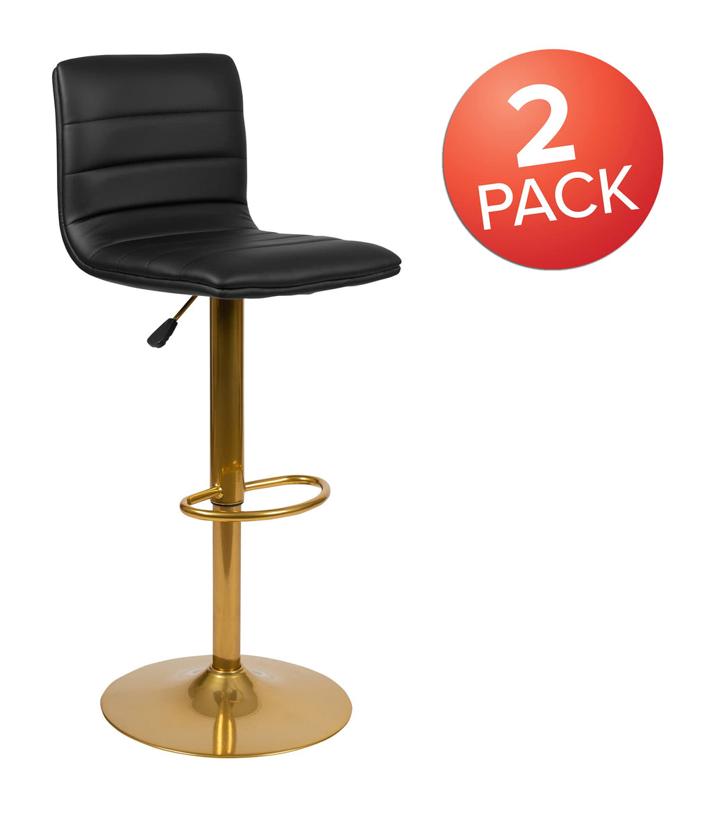 Flash Furniture Vincent Modern Black Vinyl Adjustable Bar Stool With Back, Counter Height Swivel Stool With Gold-Pedestal Base, Set Of 2