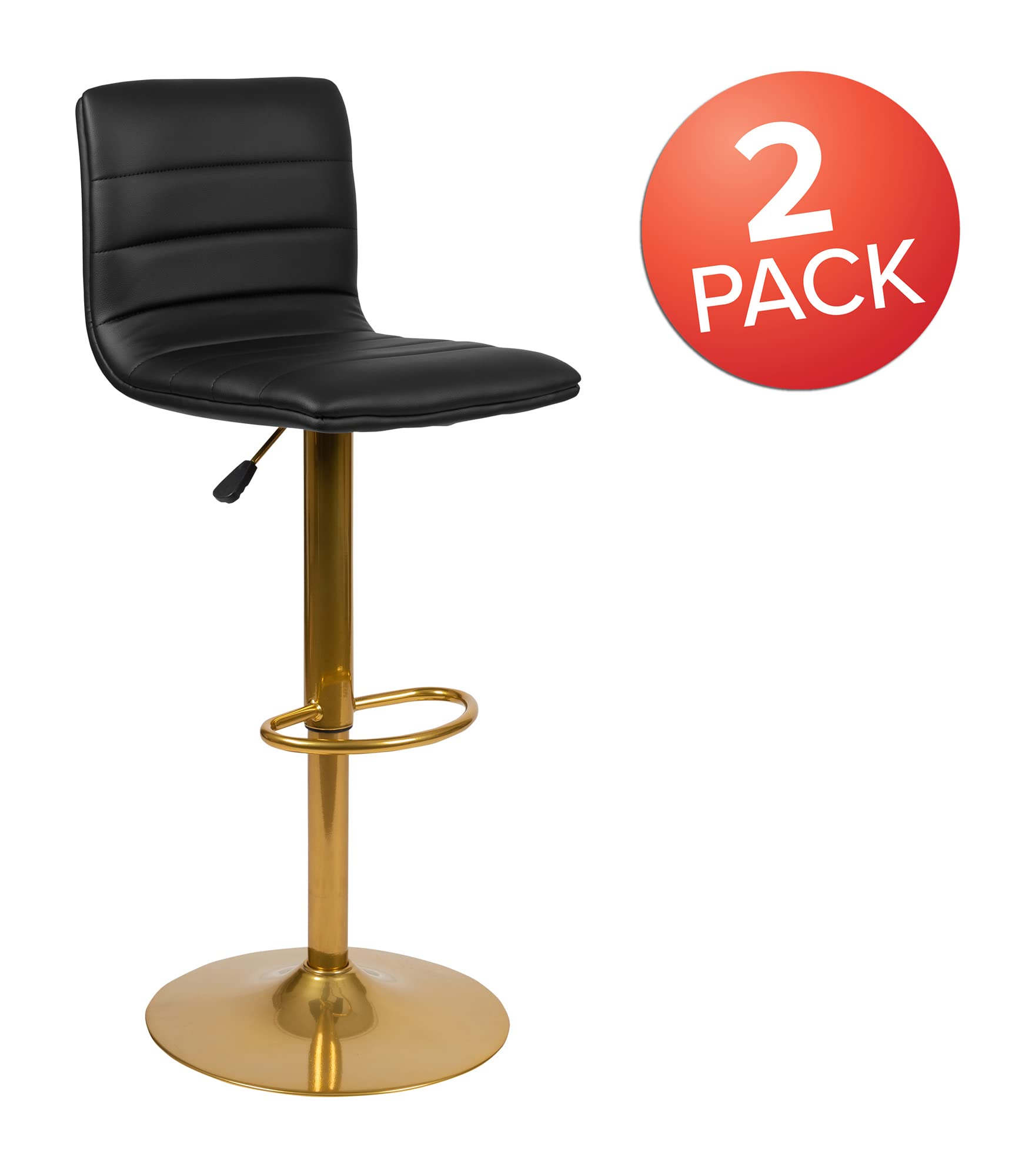 Flash Furniture Vincent Modern Black Vinyl Adjustable Bar Stool With Back, Counter Height Swivel Stool With Gold-Pedestal Base, Set Of 2