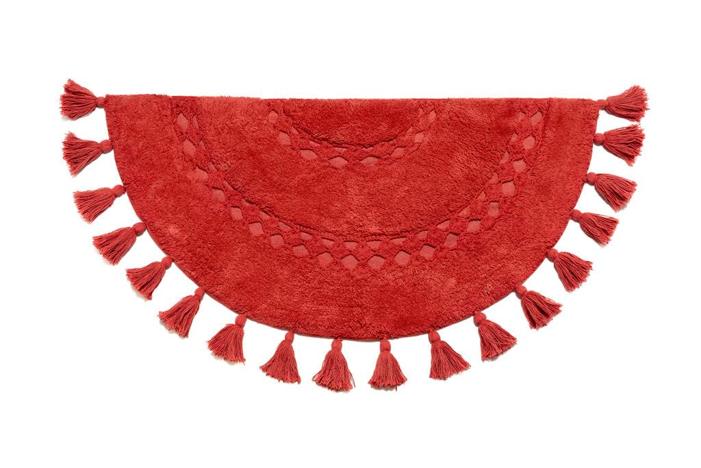 Bien Beau Half Circle Bohemian Bathroom Rug With Tassels & Crochet Insert -100% Cotton - Half Round Boho Bedroom Rug-Red Paprika