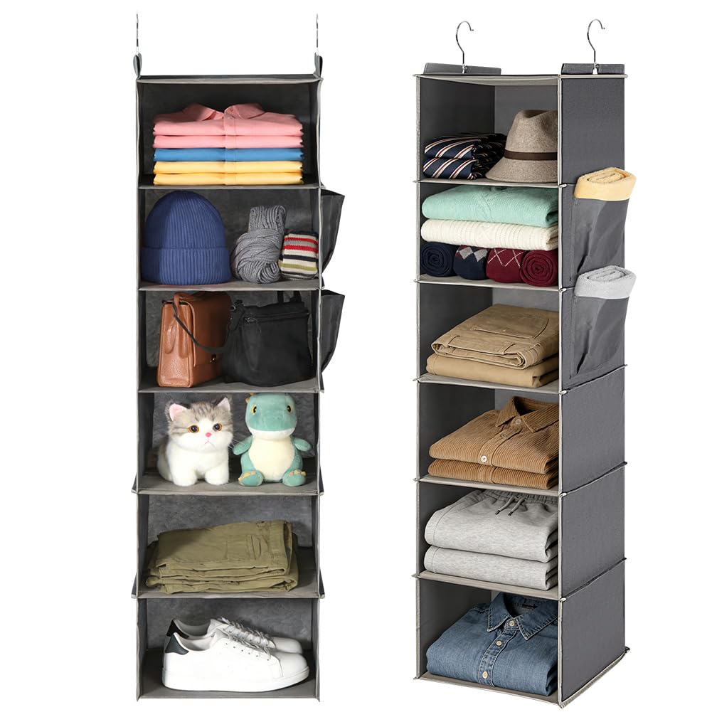 AOOWU 6 Shelf Hanging Closet Organizer, Foldable Storage with Side Pockets