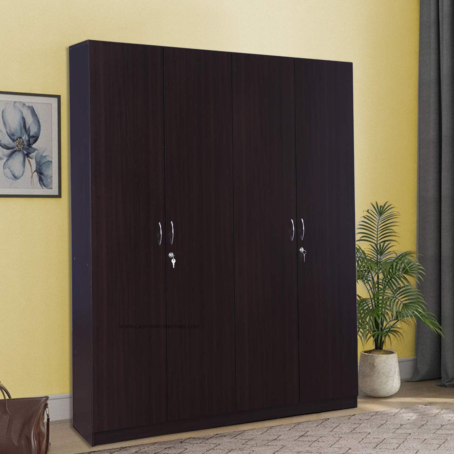 Caspian Engineered Wood Four Door Wooden Wardrobe (Coffee Brown) | Furniture With Hanging Spaces | Cupboard/Almirah For Bedroom 