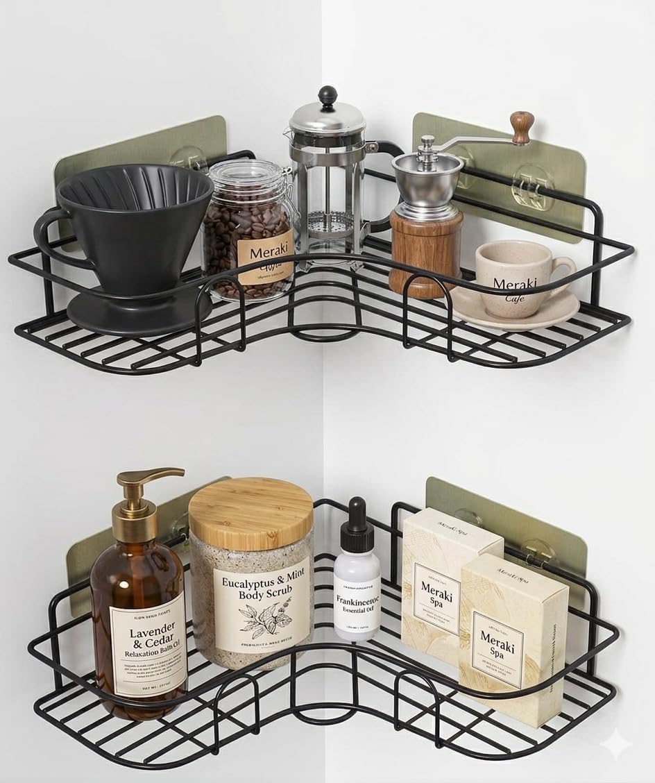 LANDWOOD Pack 2 Wall Mounted SelfAdhesive Bathroom Corner Shelf/Kitchen Rack & Holder  Bathroom Accessories