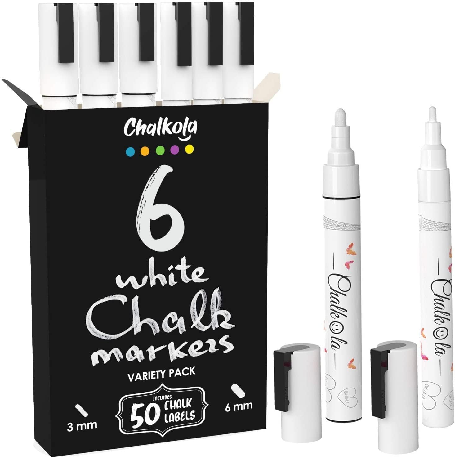 Chalkola 6 White Liquid Chalk Markers - White Dry Erase Liquid Chalk Pens For Chalkboard Signs, Blackboard, Car Window, Glass, B