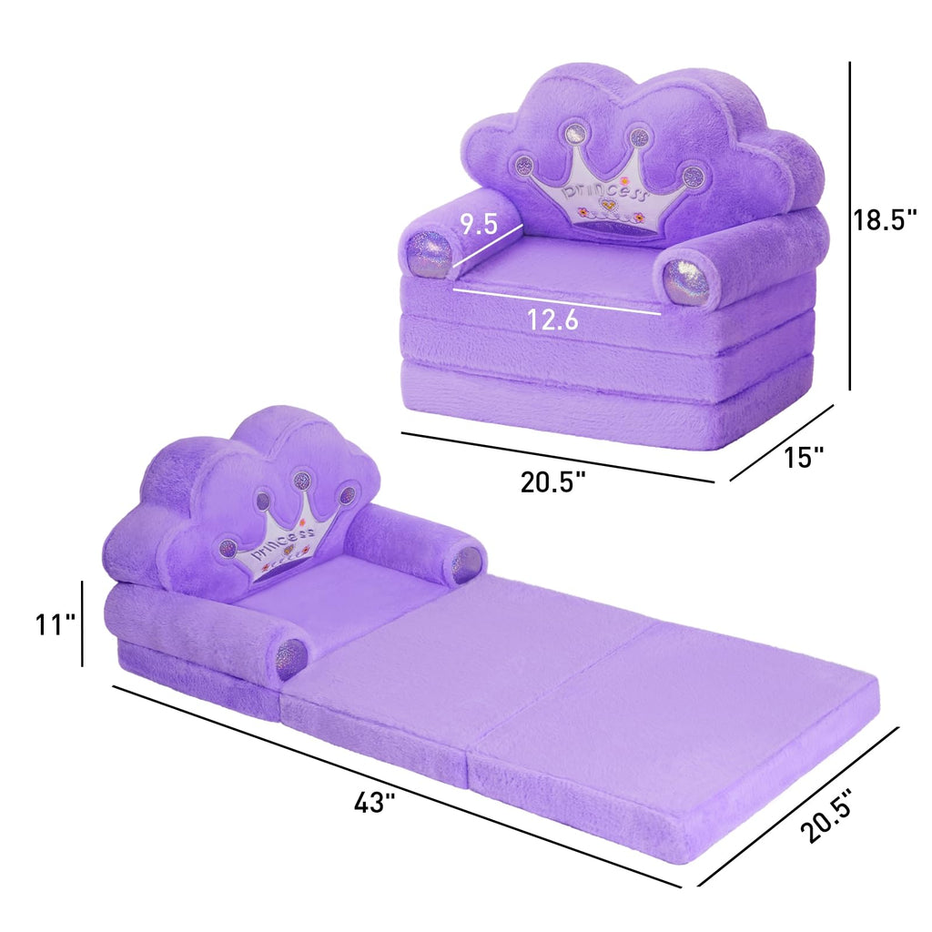 Moonbeeki Toddler Chair Comfy,Foldable Princess Kids Couch For Girl, Toddler Recliners For Kids Over 18 Months, Kids Sofa Bed Fold Out(Purple)