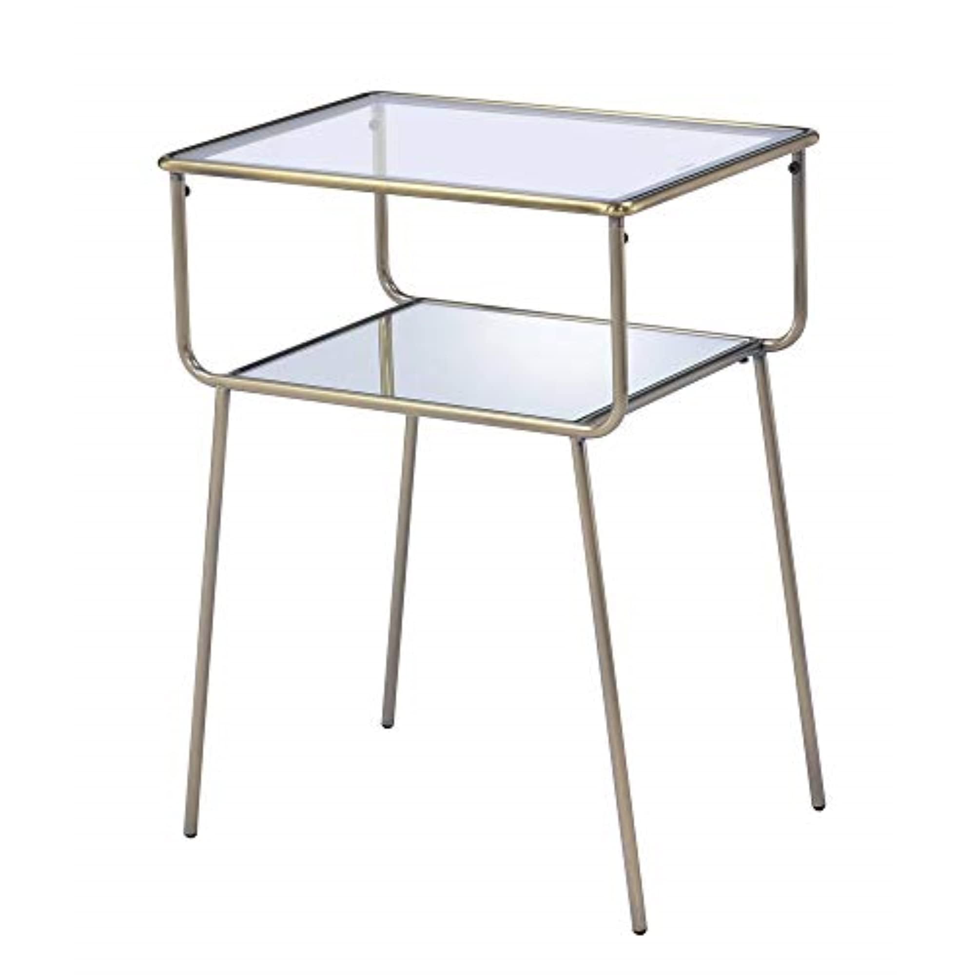 Acme Rhodie Rectangular Glass Top End Table with Mirror Shelf in Antique Brass