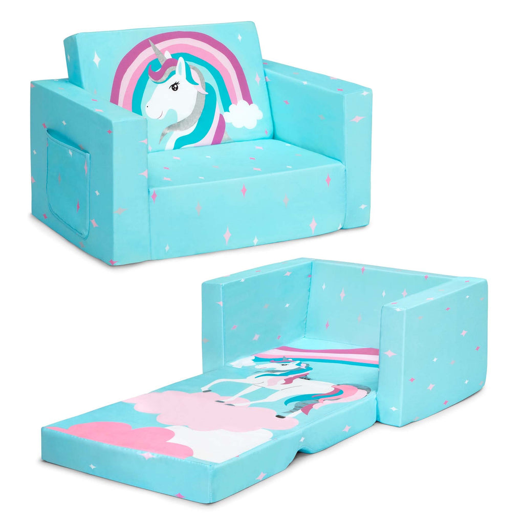 Delta Children Cozee 2-In-1 Convertible Sofa To Lounger For Bedroom - Lightweight,Portable Comfy Flip Open Couch/Sleeper For Kids, Blue Unicorn