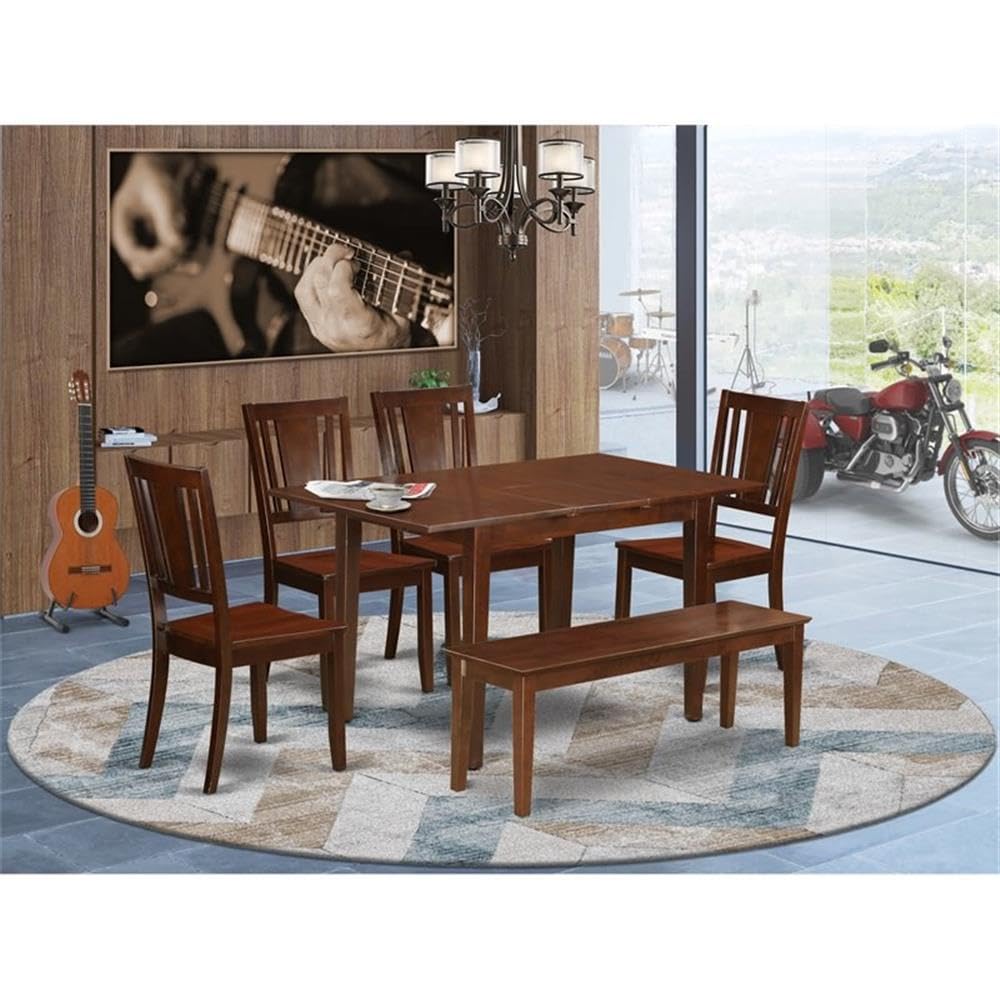 East West Furniture Norfolk 6 Piece Set Contains a Rectangle Dining Room Table with Butterfly Leaf and 4 Kitchen Chairs with a Bench, 32x54 Inch, Mahogany