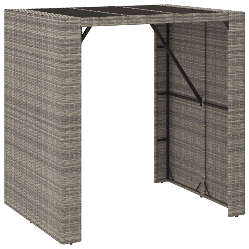 vidaXL Modern Outdoor Bar Table with Tempered Glass Top and PE Rattan Construction, Rectangular Gray Pub Table for Patio, Garden