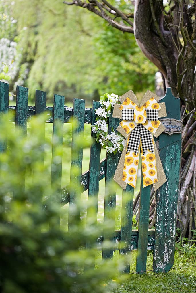Large Spring Wreath Bows Spring Sunflowers White Black Plaid Burlap Bows For Wreaths, Brown Linen Ribbon Bows Tree Topper Bows F