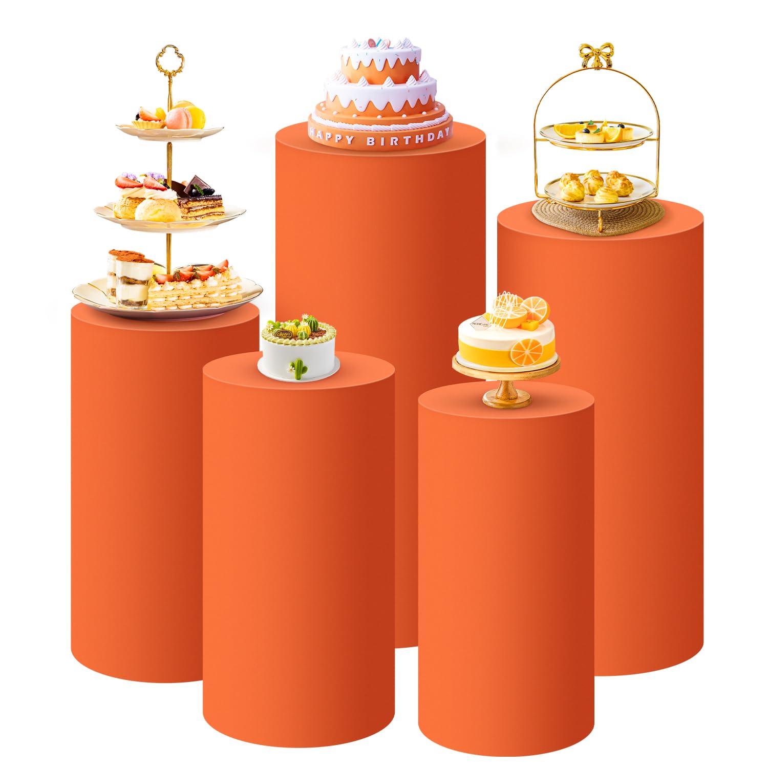 SaitiMade Set of 5 - Orange Cylinder Pedestal Stand Covers, Flexible Cylinder Stand Covers for Party, Wedding or Birthday Event 