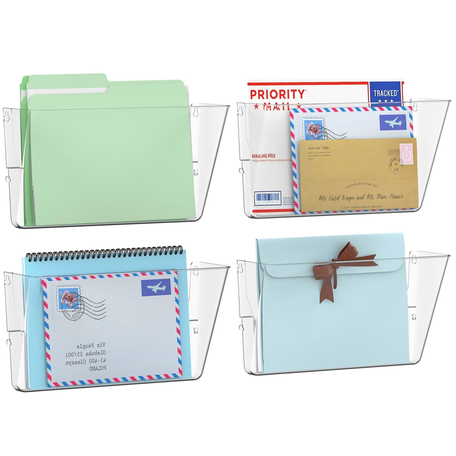 Gawerk 4 Pack Clear Single Pocket Wall File Holder Hanging Wall Organizer, Wall Mount Mails Magazines Organizer For Office And H