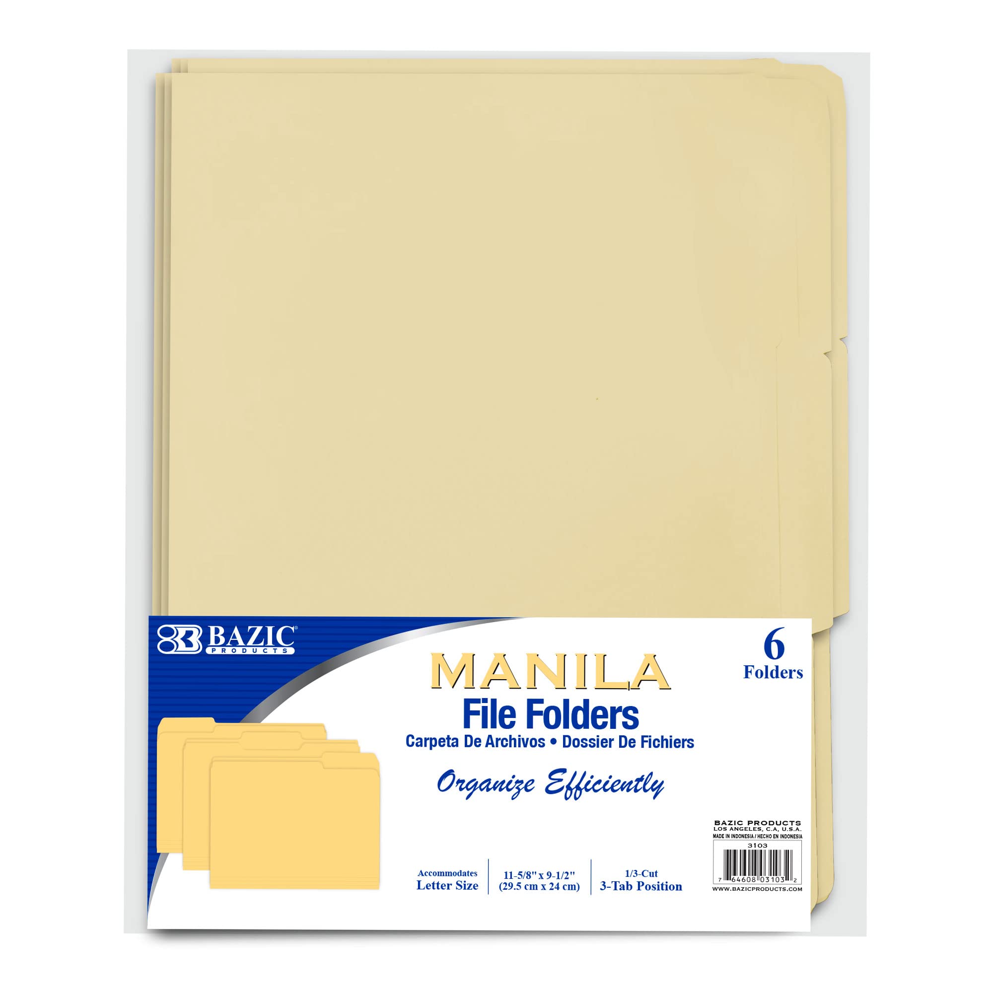 BAZIC Manila File Folder 1/3 Cut Letter Size  Left Right Center Tabs Positions  for Organizing Filing Document Storage  Total 6-Count