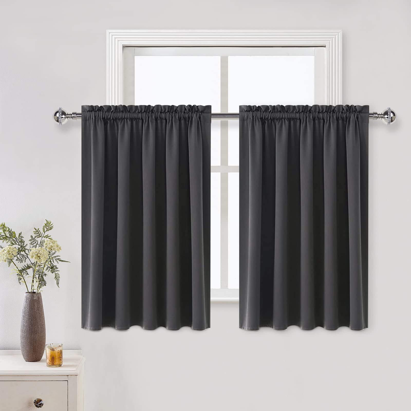 Dwcn Dark Grey Short Blackout Curtains For Bedroom, Thermal Insulated Energy Saving Room Darkening Curtains For Living Room (W60