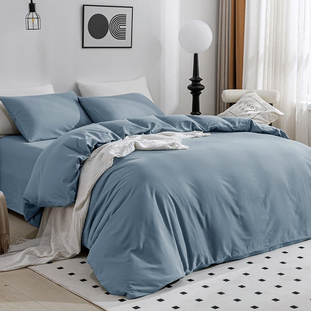 Jellymoni Grayish Blue Duvet Cover King Size - 100% Washed Cotton Linen Like Textured Comforter Cover, 3 Pieces Lightweight Soft